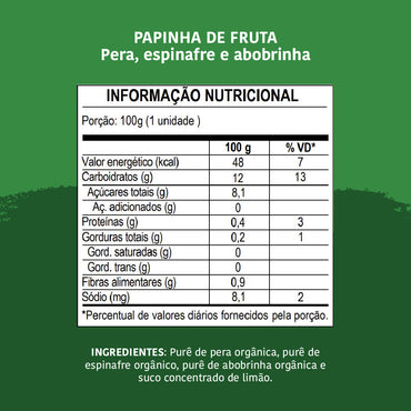 Papinha Orgânica, Pêra, Espinafre e Abobrinha, 100g - Papapá