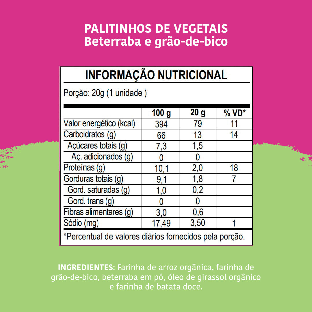 Biscoito Infantil Palitinhos de Vegetais: Beterraba e Grão-de-bico, 20g - Papapá