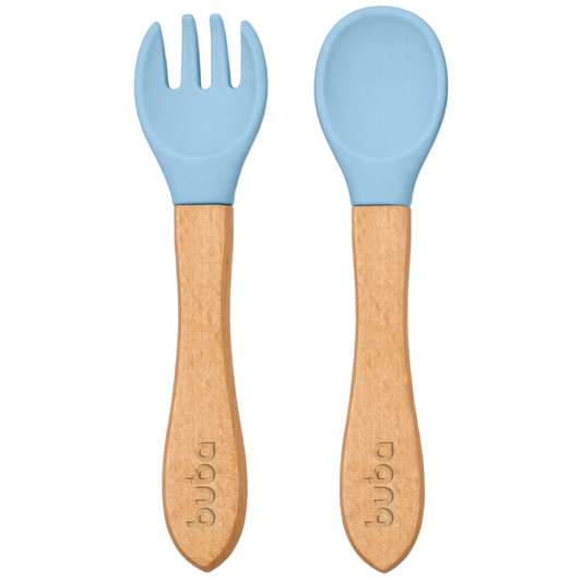 Kit Talheres em Silicone e Bambu - Azul