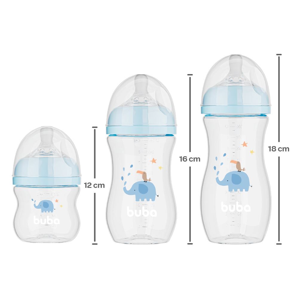 Kit 3 Mamadeiras Easy Flow Elefante Azul, 120ml/270ml/330ml, Anticolica - Buba