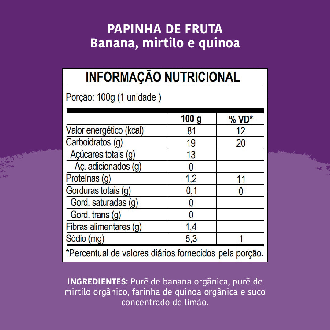 Papinha Orgânica, Banana, Mirtilo e Quinoa, 100g - Papapá