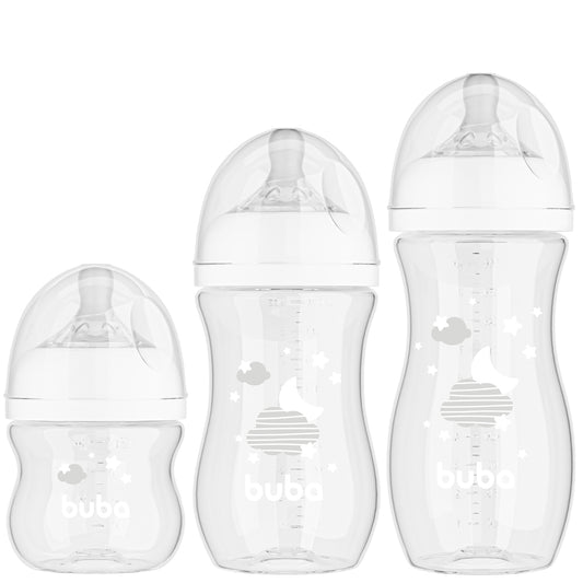 Kit 3 Mamadeiras Easy Flow Nuvem Branca, 120ml/270ml/330ml, Anticolica - Buba