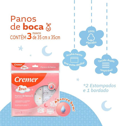 Pano de Boca Luxo Neutro com 3 unidades, 35x35 cm - Cremer