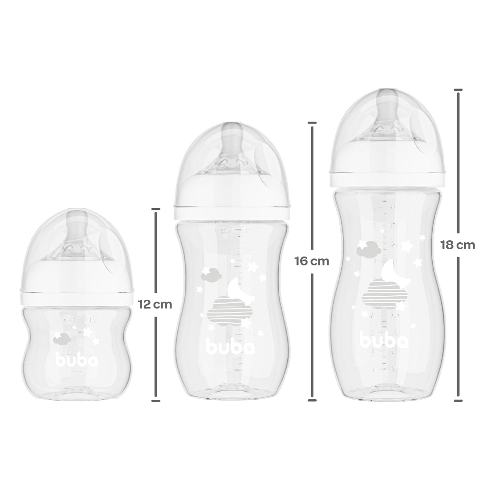 Kit 3 Mamadeiras Easy Flow Nuvem Branca, 120ml/270ml/330ml, Anticolica - Buba