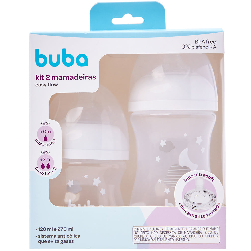 Kit 2 Mamadeiras Easy Flow Nuvem Branca, 120ml/270ml, Anticolica - Buba