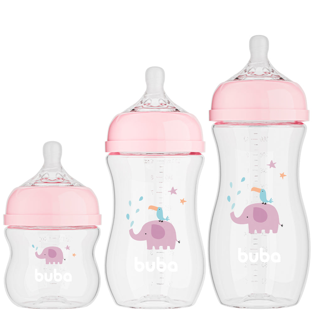 Kit 3 Mamadeiras Easy Flow Elefante Rosa, 120ml/270ml/330ml, Anticolica - Buba