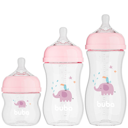Kit 3 Mamadeiras Easy Flow Elefante Rosa, 120ml/270ml/330ml, Anticolica - Buba