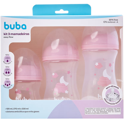 Kit 3 Mamadeiras Easy Flow Nuvem Rosa, 120ml/270ml/330ml, Anticolica - Buba