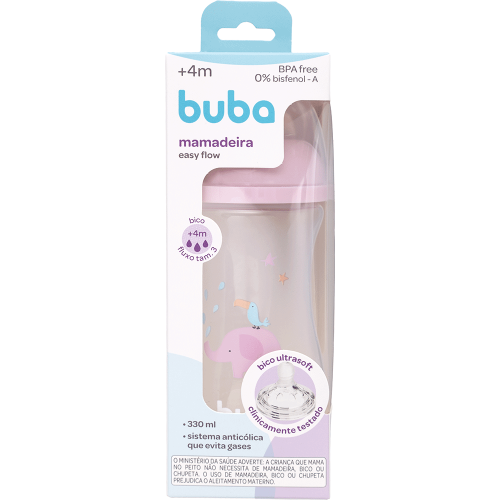 Mamadeira Easy Flow Elefante Rosa, 330ml, Anticolica - Buba