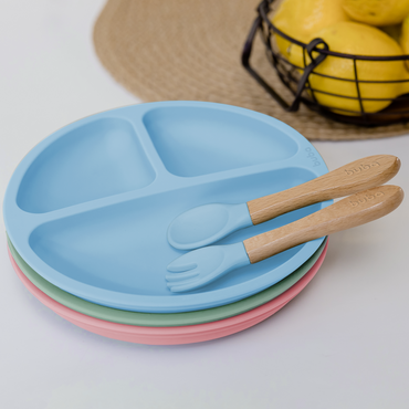 Kit Talheres em Silicone e Bambu - Azul