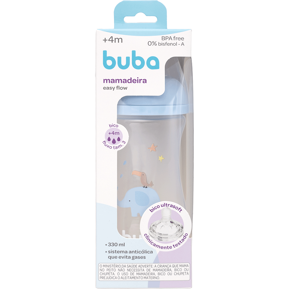 Mamadeira Easy Flow Elefante Azul, 330ml, Anticolica - Buba