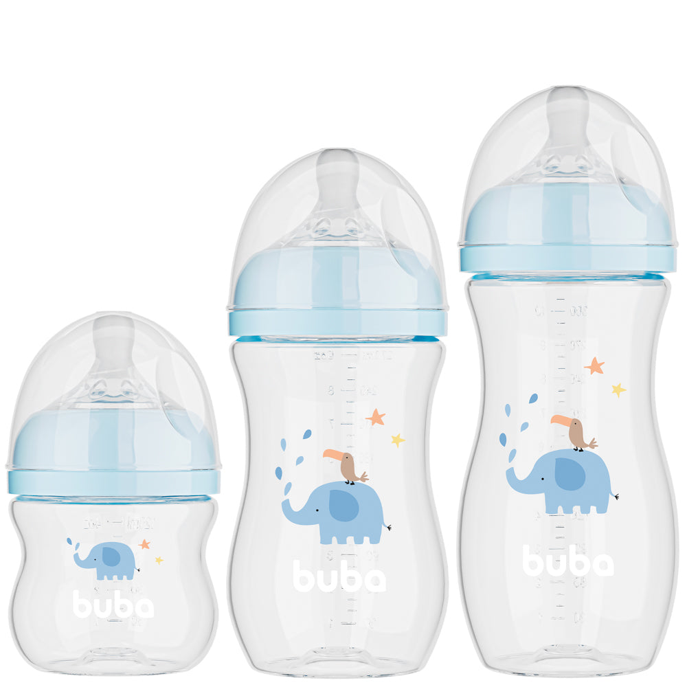Kit 3 Mamadeiras Easy Flow Elefante Azul, 120ml/270ml/330ml, Anticolica - Buba