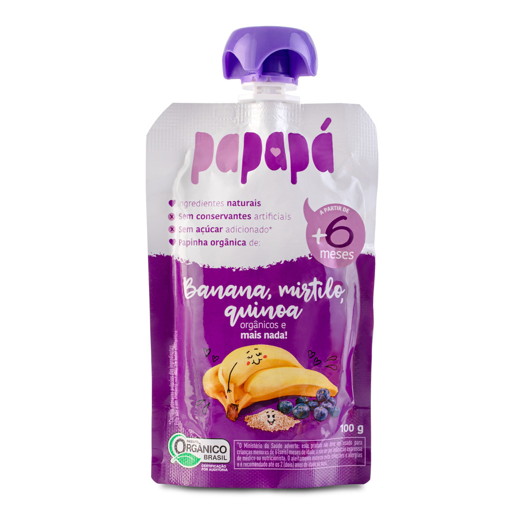 Papinha Orgânica, Banana, Mirtilo e Quinoa, 100g - Papapá