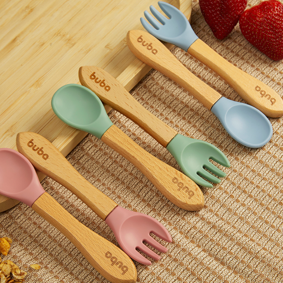 Kit Talheres em Silicone e Bambu - Azul