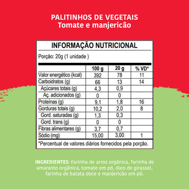 Biscoito Infantil Palitinhos de Vegetais: Tomate e Manjericão, 20g - Papapá
