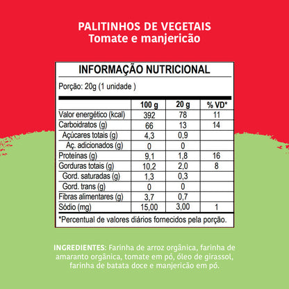 Biscoito Infantil Palitinhos de Vegetais: Tomate e Manjericão, 20g - Papapá