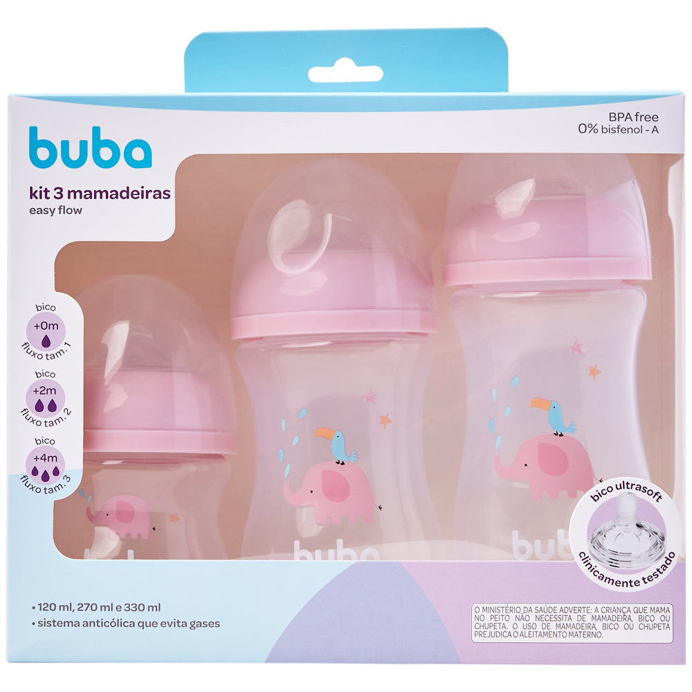 Kit 3 Mamadeiras Easy Flow Elefante Rosa, 120ml/270ml/330ml, Anticolica - Buba