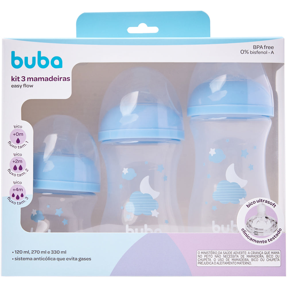 Kit 3 Mamadeiras Easy Flow Nuvem Azul, 120ml/270ml/330ml, Anticolica - Buba
