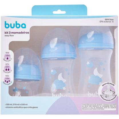 Kit 3 Mamadeiras Easy Flow Nuvem Azul, 120ml/270ml/330ml, Anticolica - Buba