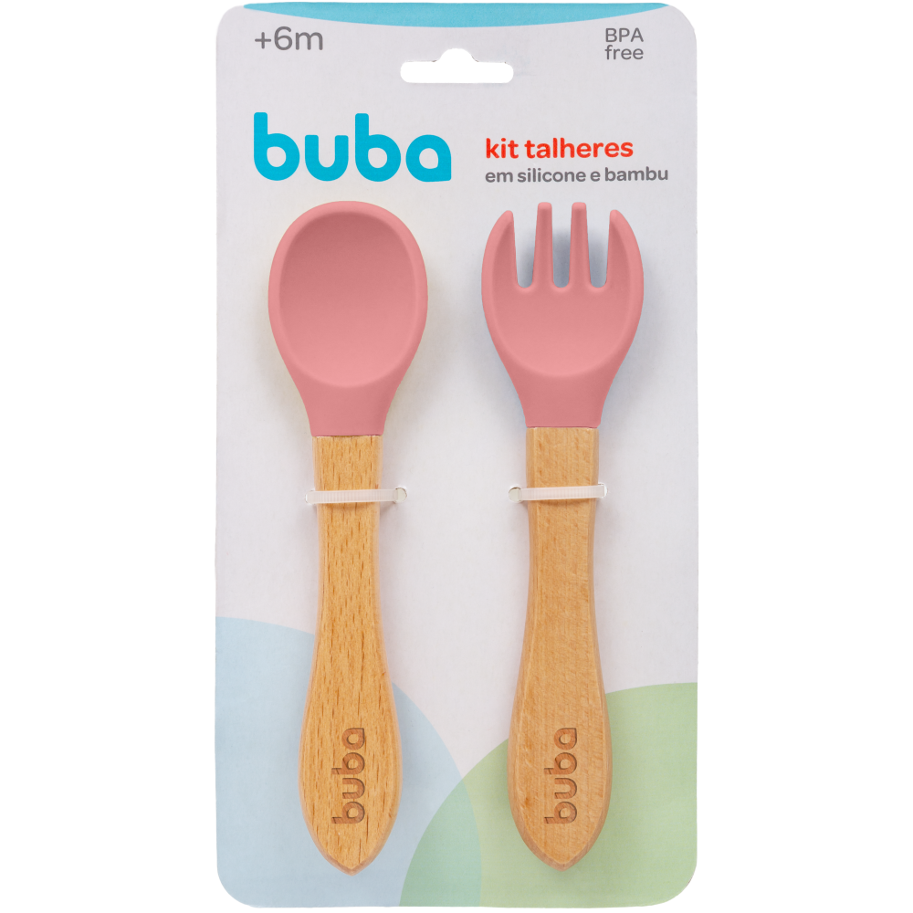 Kit Talheres em Silicone e Bambu - Rosa