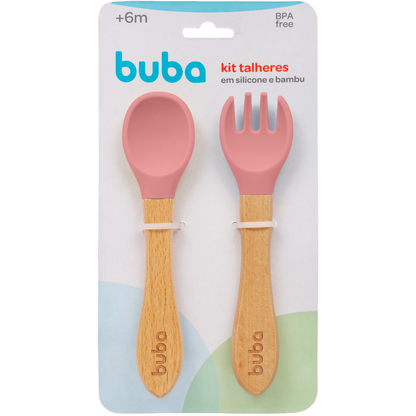 Kit Talheres em Silicone e Bambu - Rosa