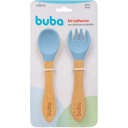 Kit Talheres em Silicone e Bambu - Azul