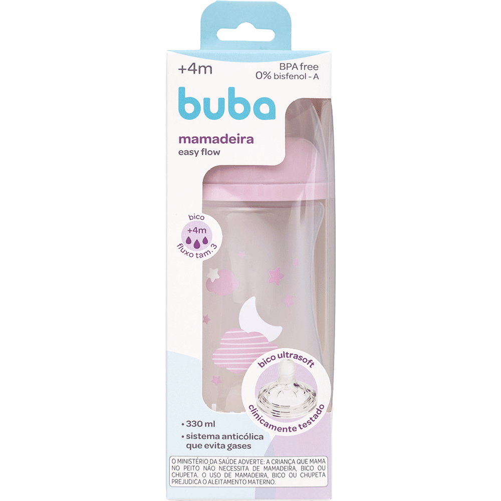 Mamadeira Easy Flow Nuvem Rosa, 330ml, Anticolica - Buba