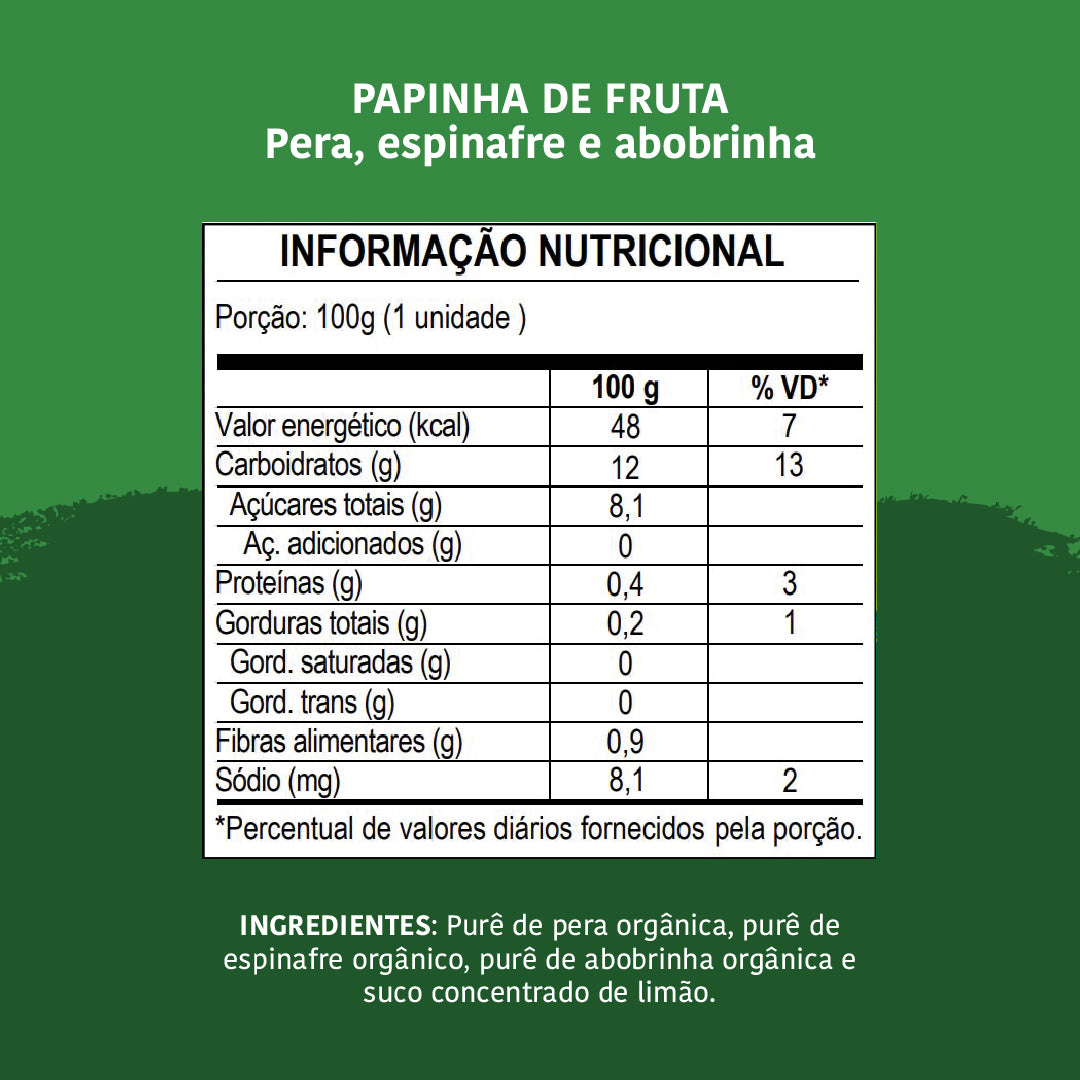 Papinha Orgânica, Pêra, Espinafre e Abobrinha, 100g - Papapá
