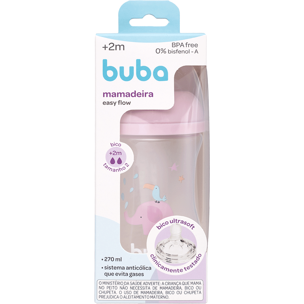 Mamadeira Easy Flow Elefante Rosa, 270ml, Anticolica - Buba