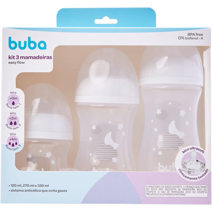 Kit 3 Mamadeiras Easy Flow Nuvem Branca, 120ml/270ml/330ml, Anticolica - Buba