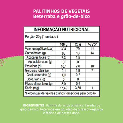 Biscoito Infantil Palitinhos de Vegetais: Beterraba e Grão-de-bico, 20g - Papapá