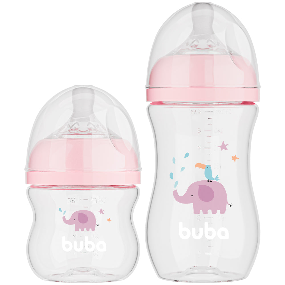 Kit 2 Mamadeiras Easy Flow Elefante Rosa, 120ml/270ml, Anticolica - Buba