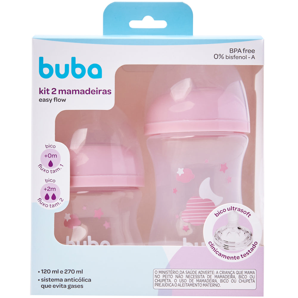 Kit 2 Mamadeiras Easy Flow Nuvem Rosa, 120ml/270ml, Anticolica - Buba