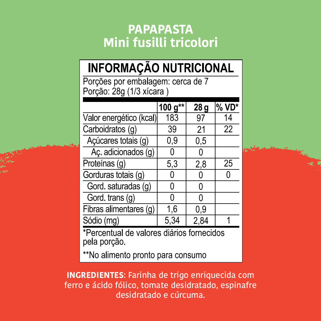 Macarrão Infantil PapaPasta: Mini Fusilli Tricolori com Vegetais, 200g - Papapá