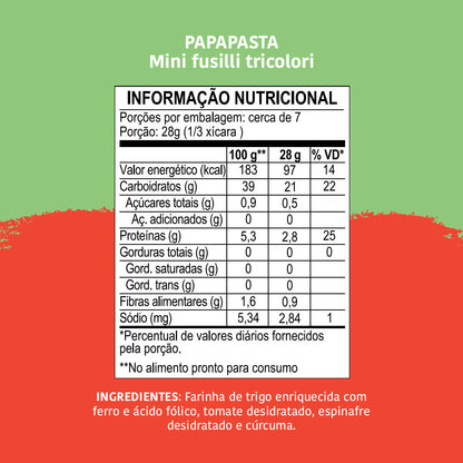 Macarrão Infantil PapaPasta: Mini Fusilli Tricolori com Vegetais, 200g - Papapá