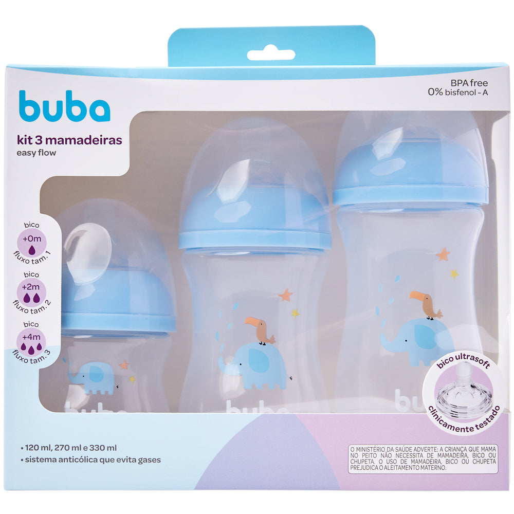 Kit 3 Mamadeiras Easy Flow Elefante Azul, 120ml/270ml/330ml, Anticolica - Buba
