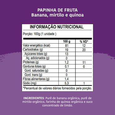Papinha Orgânica, Banana, Mirtilo e Quinoa, 100g - Papapá