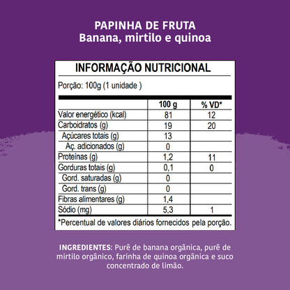 Papinha Orgânica, Banana, Mirtilo e Quinoa, 100g - Papapá