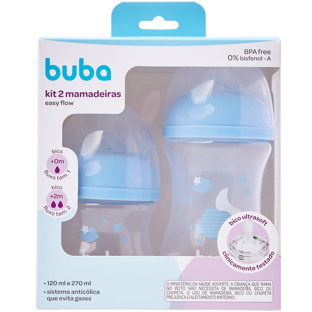 Kit 2 Mamadeiras Easy Flow Nuvem Azul, 120ml/270ml, Anticolica - Buba