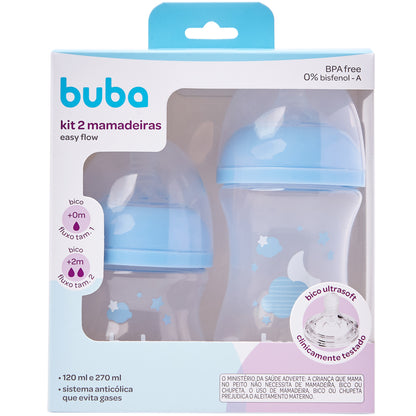 Kit 2 Mamadeiras Easy Flow Nuvem Azul, 120ml/270ml, Anticolica - Buba
