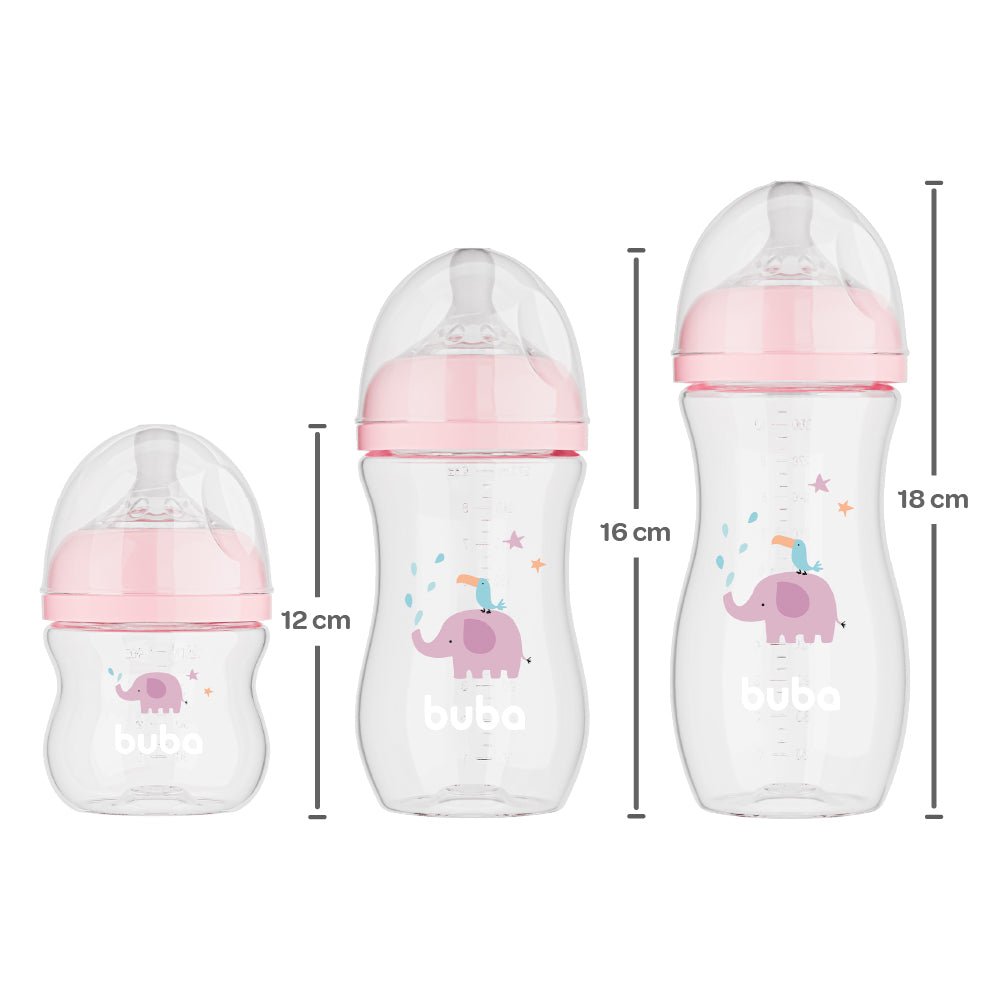 Kit 3 Mamadeiras Easy Flow Elefante Rosa, 120ml/270ml/330ml, Anticolica - Buba
