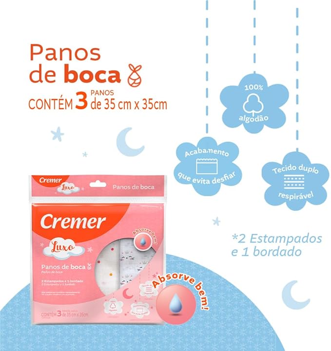 Pano de Boca Luxo Azul com 3 unidades, 35x35 cm - Cremer