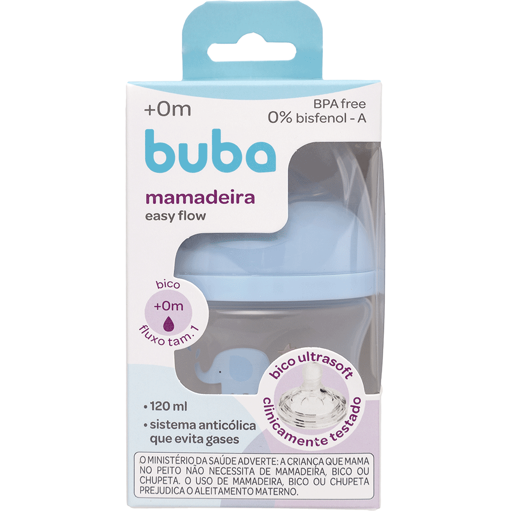 Mamadeira Easy Flow Elefante Azul, 120ml, Anticolica - Buba