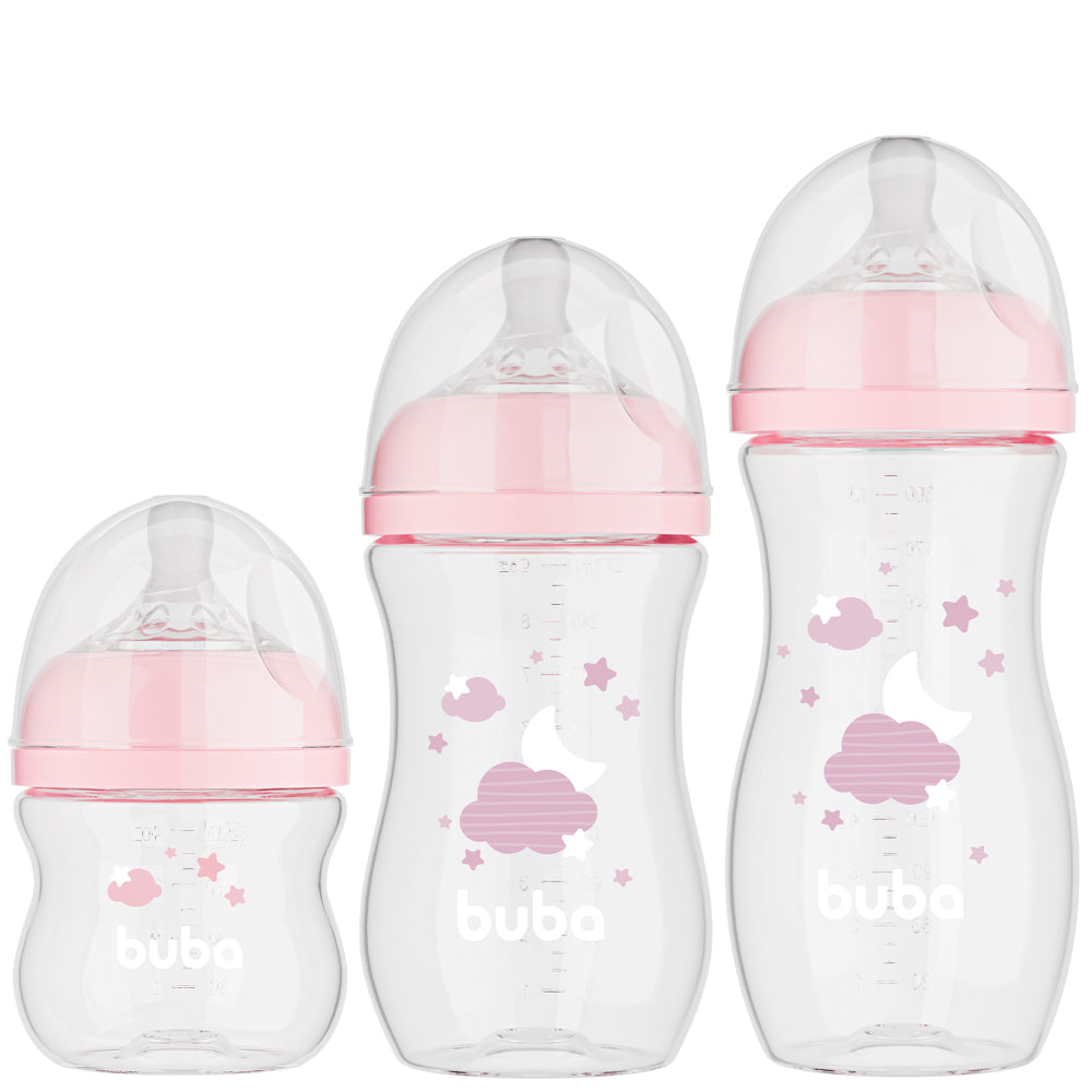 Kit 3 Mamadeiras Easy Flow Nuvem Rosa, 120ml/270ml/330ml, Anticolica - Buba