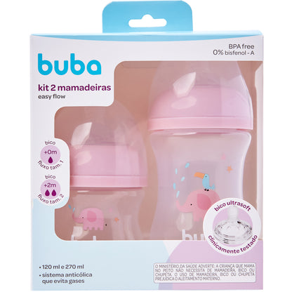 Kit 2 Mamadeiras Easy Flow Elefante Rosa, 120ml/270ml, Anticolica - Buba