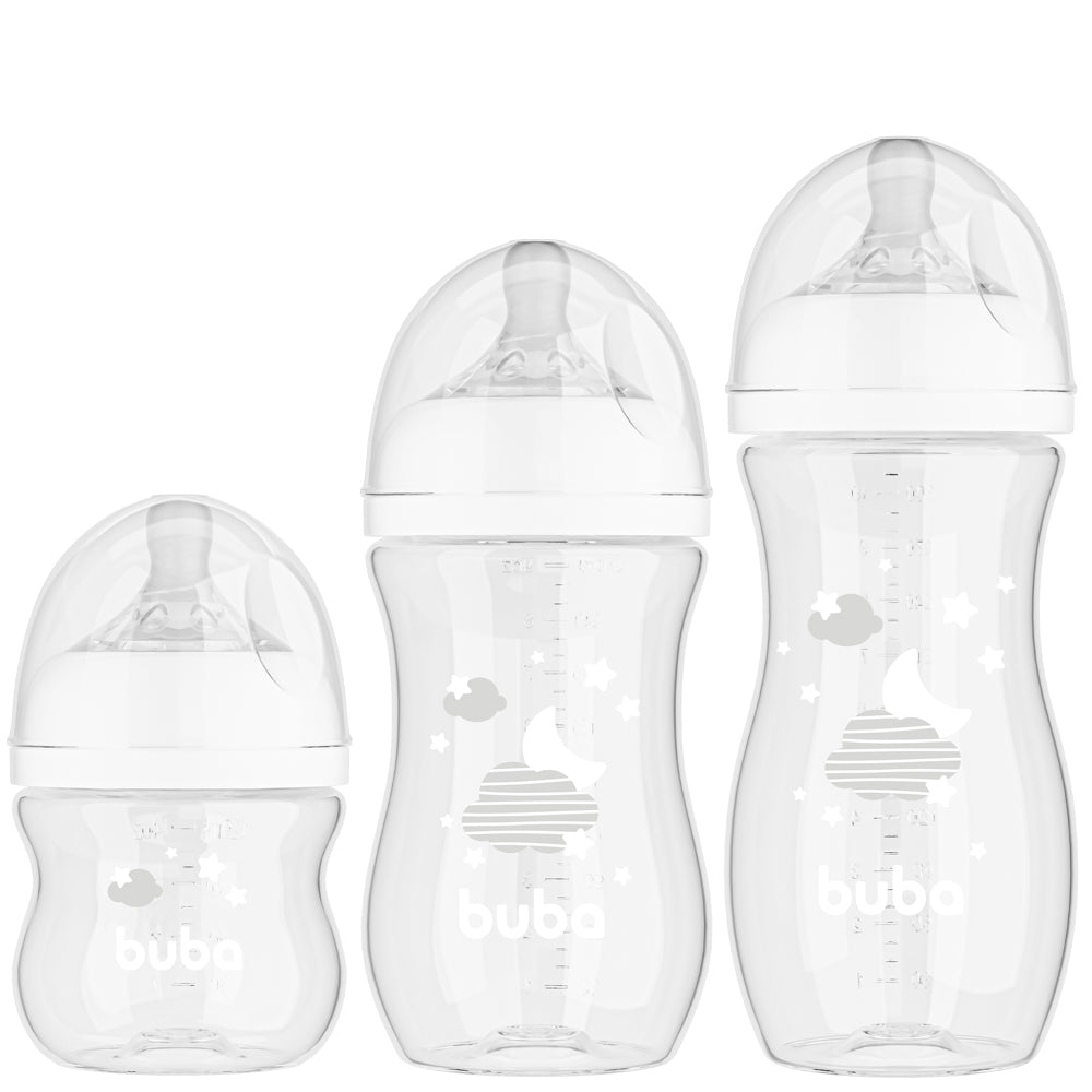 Kit 3 Mamadeiras Easy Flow Nuvem Branca, 120ml/270ml/330ml, Anticolica - Buba