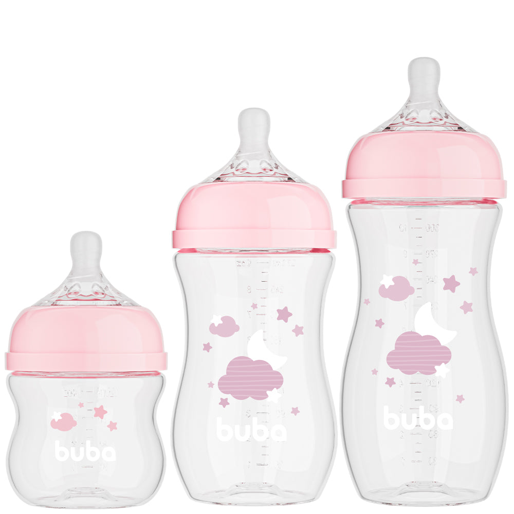 Kit 3 Mamadeiras Easy Flow Nuvem Rosa, 120ml/270ml/330ml, Anticolica - Buba