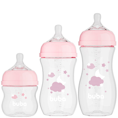 Kit 3 Mamadeiras Easy Flow Nuvem Rosa, 120ml/270ml/330ml, Anticolica - Buba