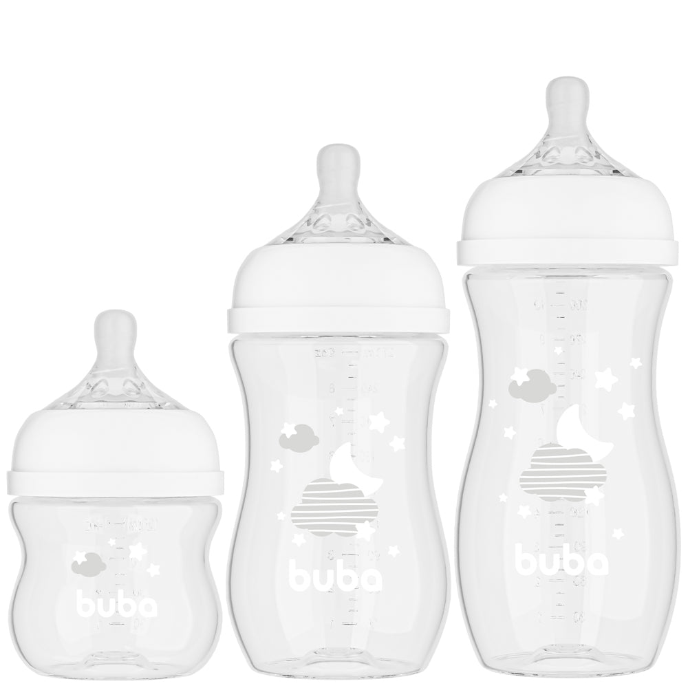 Kit 3 Mamadeiras Easy Flow Nuvem Branca, 120ml/270ml/330ml, Anticolica - Buba