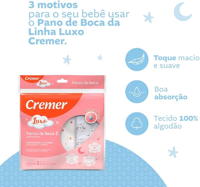 Pano de Boca Luxo Neutro com 3 unidades, 35x35 cm - Cremer